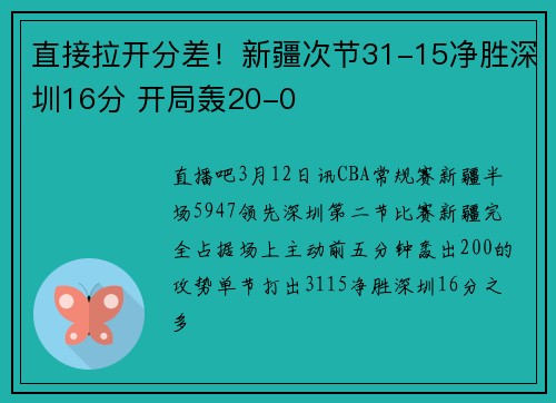 直接拉开分差！新疆次节31-15净胜深圳16分 开局轰20-0