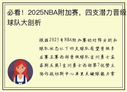 必看！2025NBA附加赛，四支潜力晋级球队大剖析