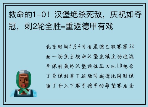 救命的1-0！汉堡绝杀死敌，庆祝如夺冠，剩2轮全胜=重返德甲有戏